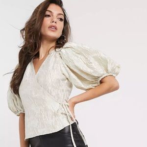 & Other Stories Jacquard Puff Sleeve Wrap Blouse in off-white